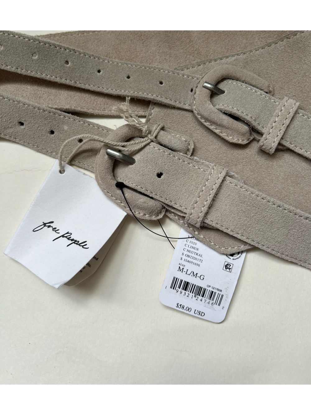 Free People NWT Leather Suede Linen Neutral Hip Double buckle Belt size M/L - Picture 3 of 6